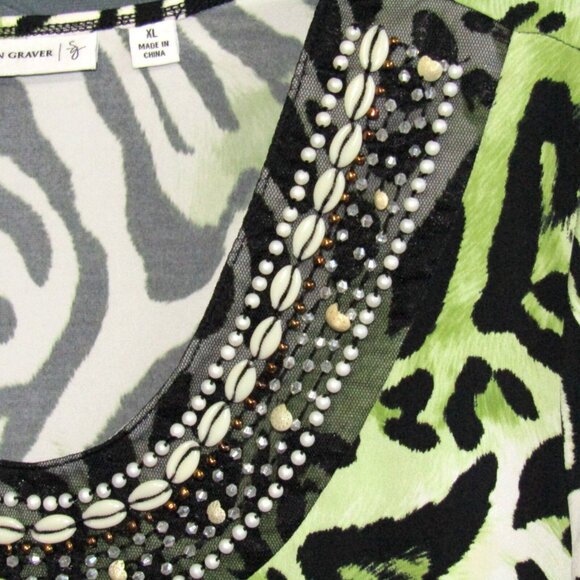 Susan Graver Liquid Knit U Neck Top Bead & Shell Trim Women Size XL Animal Print - Picture 4 of 10